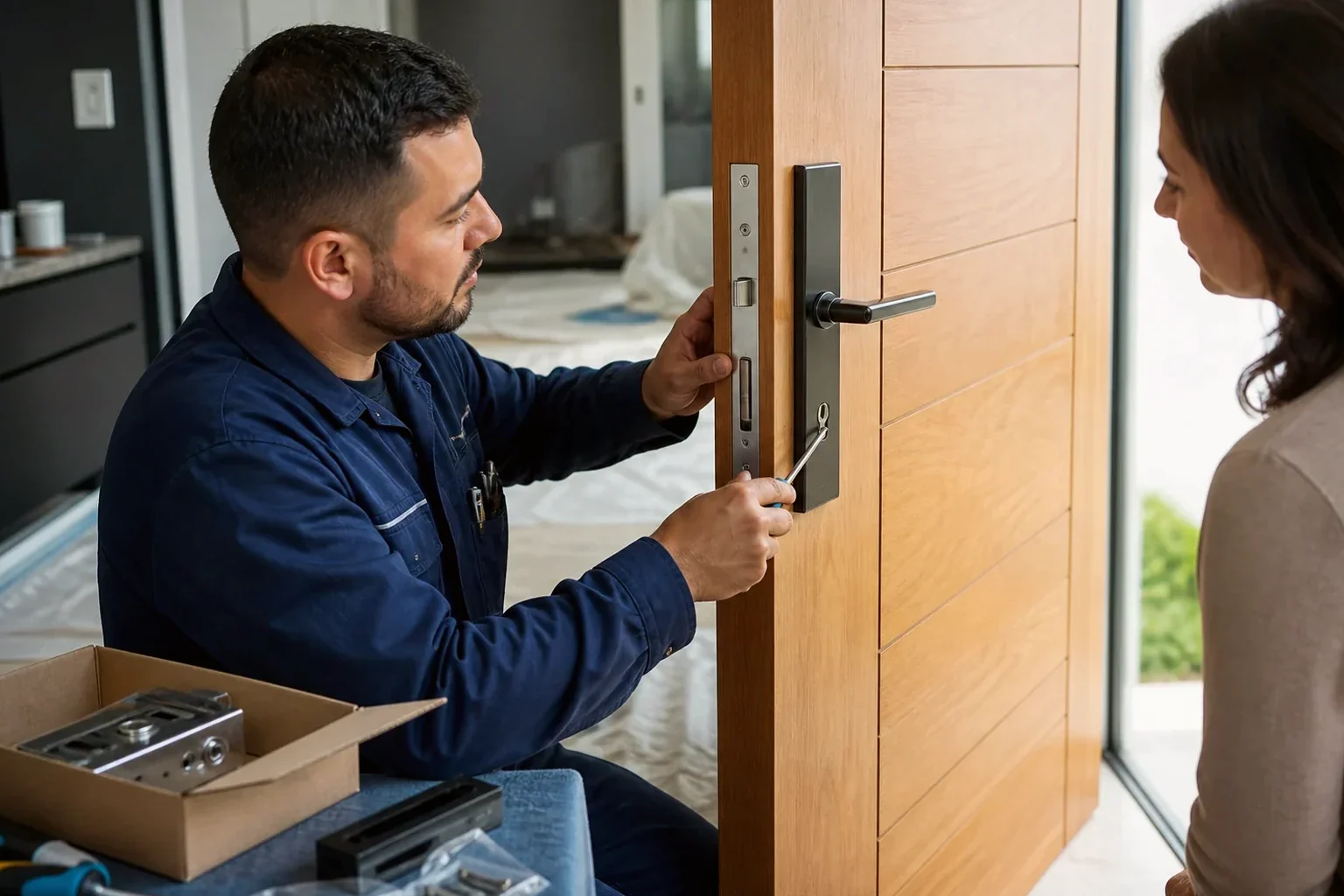 Chaveiro fazendo a instalação de uma fechadura em uma porta.