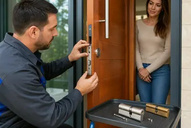 Chaveiro realizando a troca de uma fechadura em uma porta.