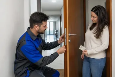 Chaveiro trabalhando na abertura de uma porta com ferramentas especializadas.