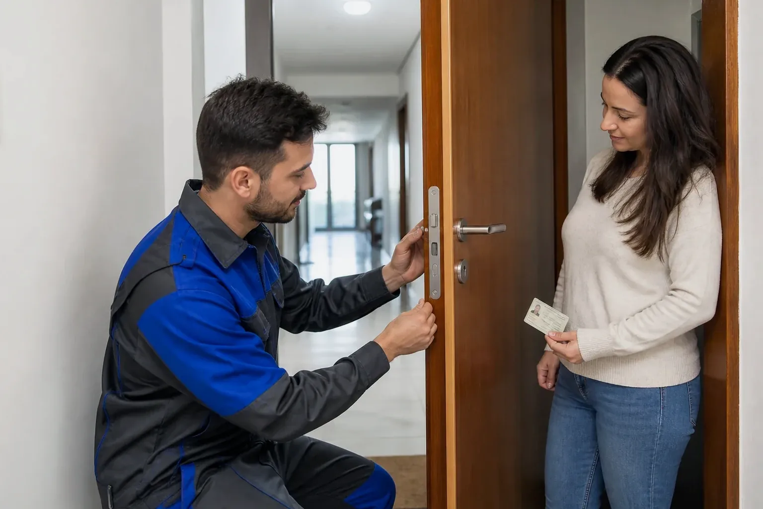 Chaveiro trabalhando na abertura de uma porta com ferramentas especializadas.