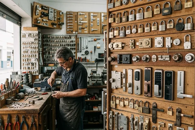 Diversas fechaduras expostas em uma loja de materiais de construção.
