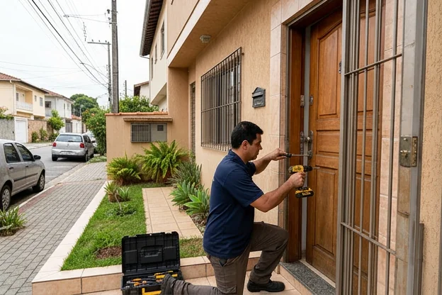 Visão de segurança residencial em um bairro de Taubaté, mostrando fechaduras e dispositivos de segurança.